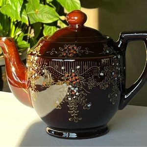 VTG Japanese moriage floral motif brown glazed Satsuma ware teapot with lid